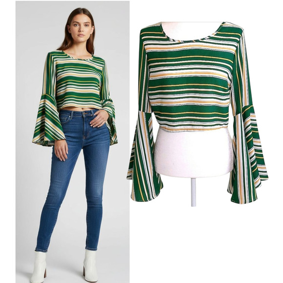 Ups & Downs Crop Top Women's Size M Green Striped Long Bell Sleeve - Picture 13 of 16